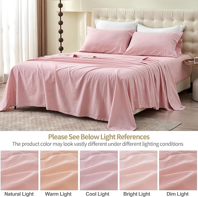 BISELINA Linen Sheet French Flax Flat Sheet Only 55% Euro Linen 45% Cotton Basic Style Solid Color Soft Breathable Farmhouse Top Sheet 1-Piece (King, Pale Pink)