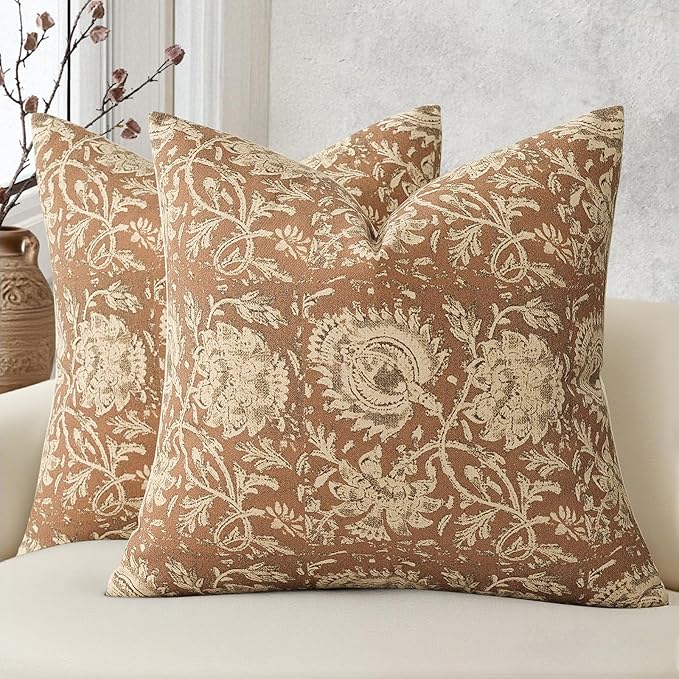 Vintage Floral Print Throw Pillow Covers 16x16 Set of 2 Neutral Modern Farmhouse Accent Decorative Cushion Covers Boho Home Decor for Couch Sofa Chair Bed Living Room, Cognac