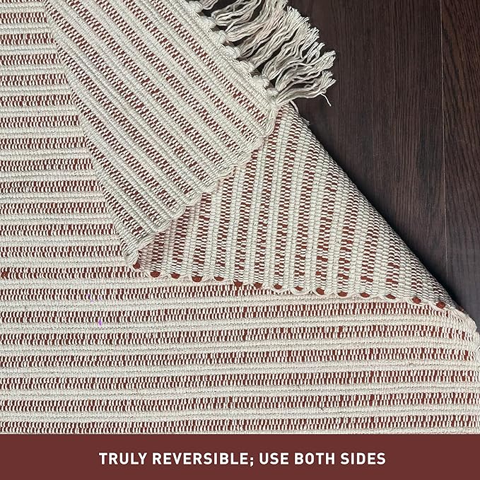 Chardin home Rust & Ivory Providence Throw Rug 2x6 feet |Hand Woven Farmhouse Rug | Great in Kitchens entryways doormats Bathrooms Meditation Mat | Machine Washable & Reversible