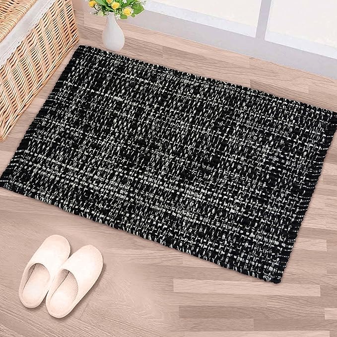 Chardin home Black and White Textured Rug | 21x34 Bathroom Rug Kitchen entryway | Reversible Handwoven Rug Machine Washable.