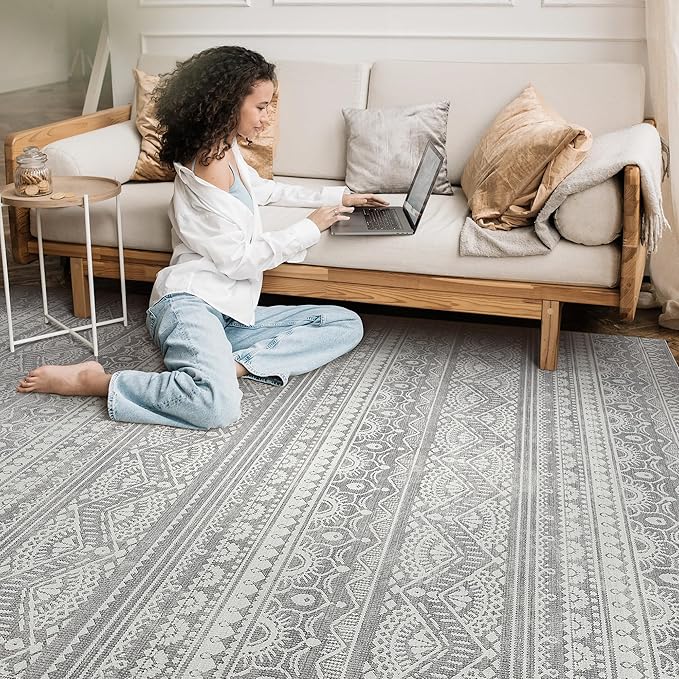 Tortania Area Rug Living Room Rugs - 6x9 Washable Large Soft Neutral Boho Moroccan Bohemian Farmhouse Rug Indoor Floor Carpet for Bedroom Under Dining Table Home Office Decor - Neutral Grey