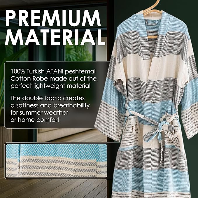 ATANI 100% Turkish Cotton Bathrobe S-XXL for Women & Men – Peshtemal Style Soft Cozy Lounge Robe, Absorbent & Lightweight
