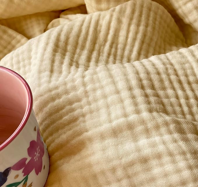 KyraHome 100% Organic Cotton Throw Blankets for Adults, Pre-Washed Plant Dyed, Women, Lightweight Breathable, Soft Gauze Blanket for Couch, Summer, All Season, Creamy
