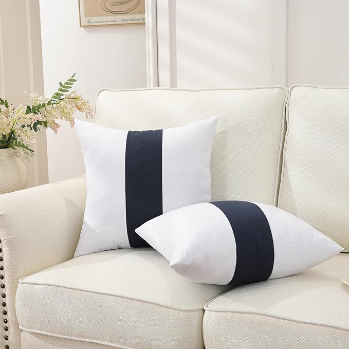 TAOSON Set of 2, 100% Cotton Canvas Patchwork Throw Pillow Covers 20x20 Inch Modern Navy Blue Striped Pillow Cushion Covers Farmhouse Decor Pillow Cases for Couch Living Room Bed Sofa Decor