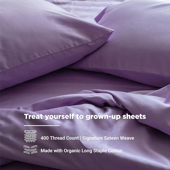 Fabdreams 100% Organic Cotton Twin Sheet Set | 400 Thread Count | Luxury Hotel Collection |GOTS Certified Premium Long Staple Cotton|Elasticised 16" Deep Pockets|Smoother Than Egyptian Cotton|Lilac