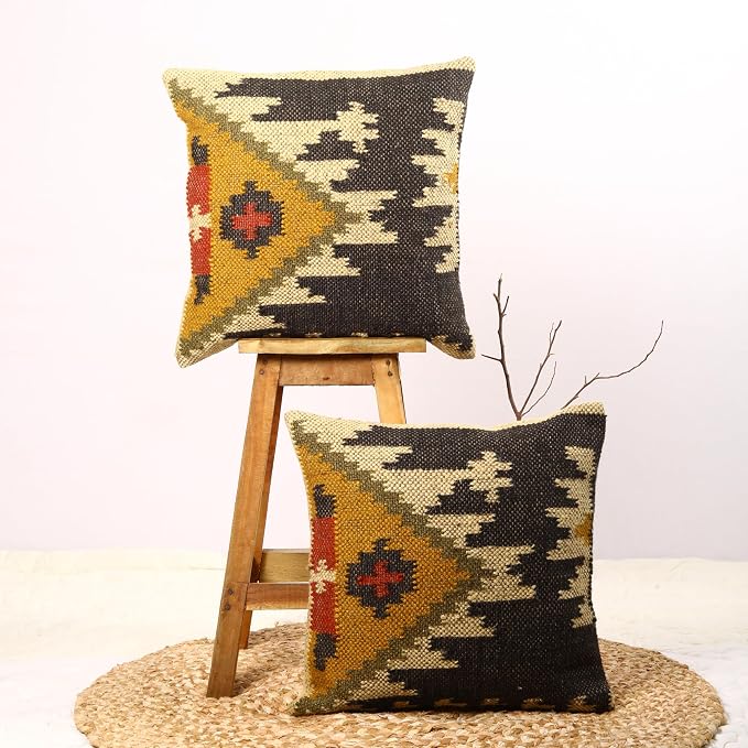 Trade Star Set of 2 Kilim Cushion Cover 70% Jute 30% Wool Pillow Shams Throw Pillow Cover 18x18 Inches Decorative Designer Cushion Cover Handwoven Rug Decorative Pillowcase (Kilim 6)