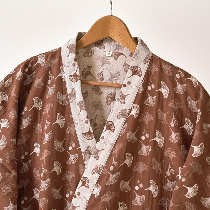 100% Cotton Gauze Ginkgo Leaf Kimono Robe, Long Knit Loose Bathrobe Nightgown Ladies Loungewear Sleepwear for Women