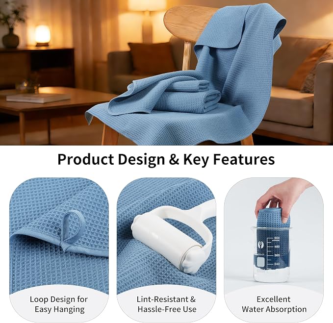 MICROFI Waffle Weave Bath Towel Set, Microfiber, 4 Pieces (Body/Hair/Hand/Face), Quick Dry, Lightweight, Super Absorbent, Lint Free, 380 GSM (Blue)