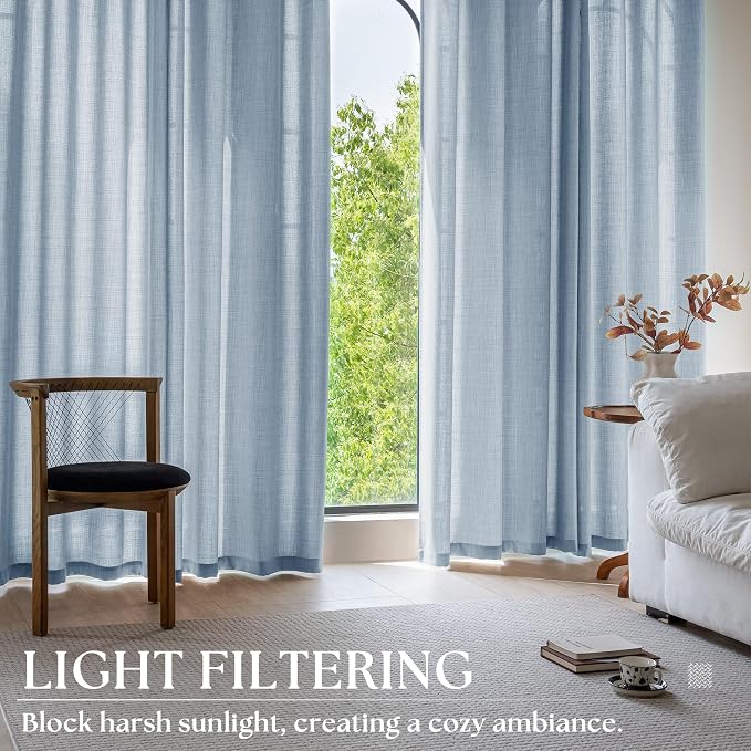 Faux Linen Blue Curtains for Bedroom Semi Sheer Light Non See Through Privacy Bronze Grommet Coastal Modern Boho Dusty Blue Floor to Ceiling 102 Inch Long Curtains Large Window Drape 52x102