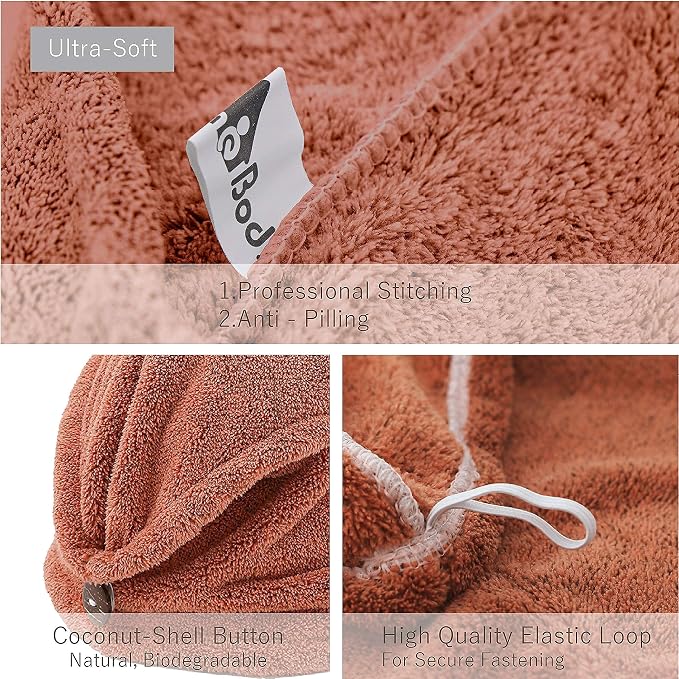 myHomeBody Hair Towel Wrap, Quick Drying Turban, Absorbent Cap – Cinnamon | Hair Turban Towel for wet hair, Ultra Soft Charcoal Fiber Cap, Towel Head Wrap for bathing with Coconut Shell Button