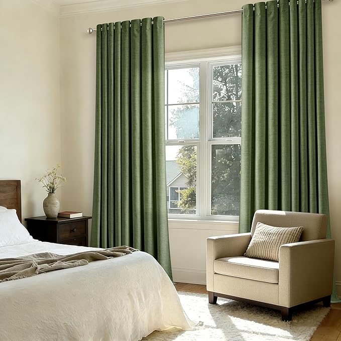 90 Inch Length 2 Panels Olive Green Linen Curtains Loden Filtering Semi Sheer Grommet Drapes Thick Linen Privacy Boho Farmhouse Window Curtain for for Bedroom Office Sliding Door 52x90