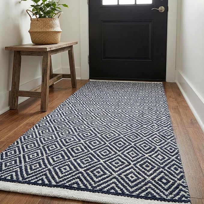 Chenille Cotton Diamond Runner Rug 2x5 Feet - Navy, Reversible Washable Soft Floor Runners Ideal for Kitchen, Hallway, Bedroom, Bathroom | Blue Farmhouse Boho Indoor Use Rugs for Patio Décor