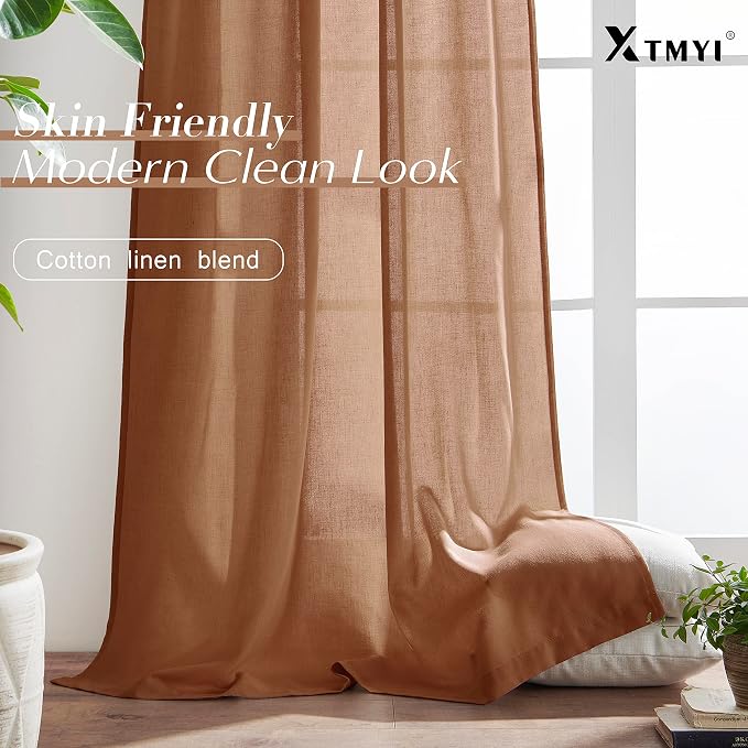 XTMYI Terracotta Country Curtains for Living Room,Sheer Linen Curtains for Bedroom 90 Inches Long,70 Inches Wide