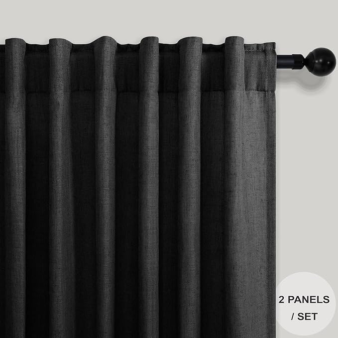 Pitalk Black Linen Curtains 63 Inch Length for Boys Bedroom 2 Panels Back Tab Rod Pocket Short Black Stylish Closet Curtains for Nursery Room Playhouse Canopy Bed Teen Girls Decoration 52x63