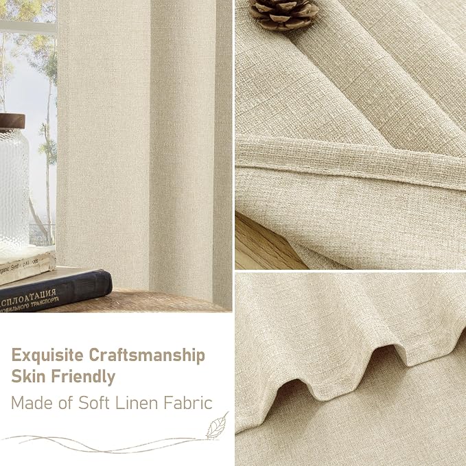 LAMIT Natural Beige Linen Curtains for Bedroom, 84 inches Grommet Thermal Insulated Thick Burlap Farmhouse Neutral Curtains Noise Reducing Light Filtering Drapes for Living Room, 2 Panels, W60 x L84