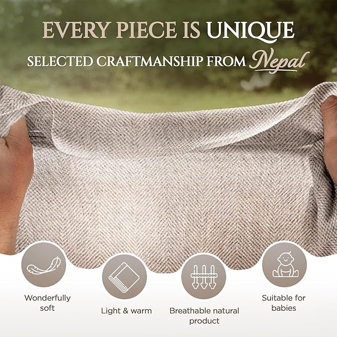 Cashmere Blanket – Hand Woven 100% Pure Wool Throw Blanket, 135 x 270 cm – Fine Herringbone Pattern Cozy, and Soft Blanket for Bed, Sofa, or Couch - Made in Nepal