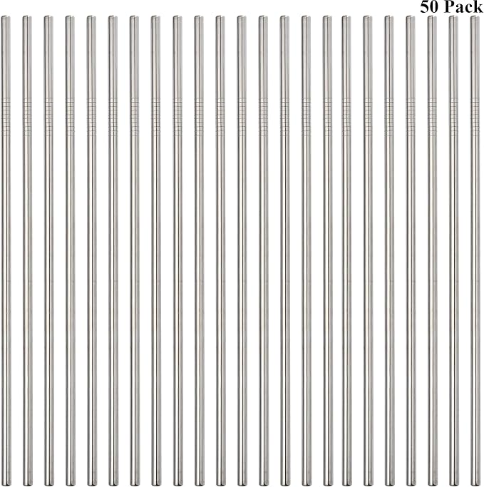 50-Pack Stainless Steel Straws,Reusable Metal Straws in Bulk Super Long 10.5 Inch All Straight Drinking Straws for 30oz/20oz Tumblers Yeti Cups Travel Mugs(All straight 50pcs -10.5" Silver)