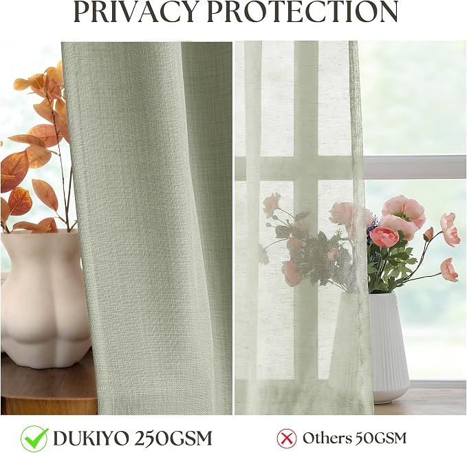 Sage Green Linen Curtains 63 Inch Length 2 Panels Set For Living Room, Bronze Grommet Semi Sheer Flax Light Filtering Boho Drapes Window Bedroom Curtains 63 Inch Long Kitchen Dining Room Light Green