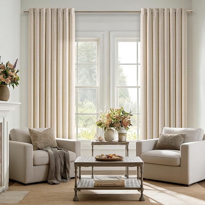 90 Inch Length 2 Panels Warm Beige Oatmeal Linen Curtains Filtering Semi Sheer Grommet Drapes Thick Linen Privacy Boho Farmhouse Window Curtain for for Bedroom Sliding Door 52x90