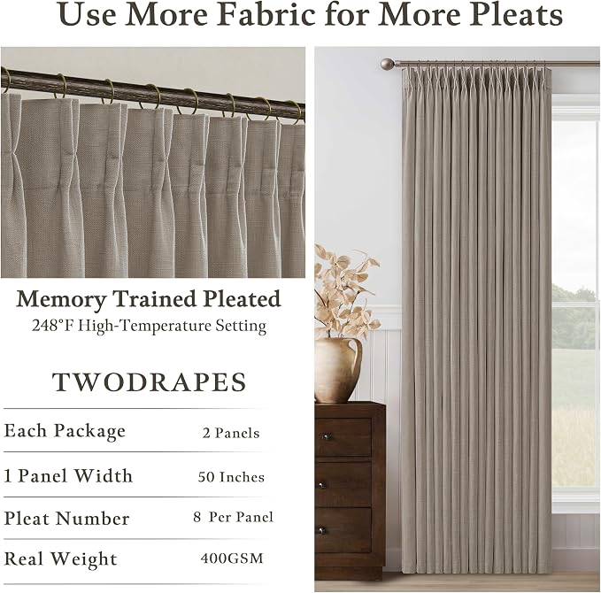 Textured Semi Sheer Burlap Curtains 72 Inches Long Neutral Country Tan Brown Flax Linen Light Filtering Pinch Pleated Curtains Back Tab for Door Cabin Closet 2 Panels Set Burlywood Birch Taupe
