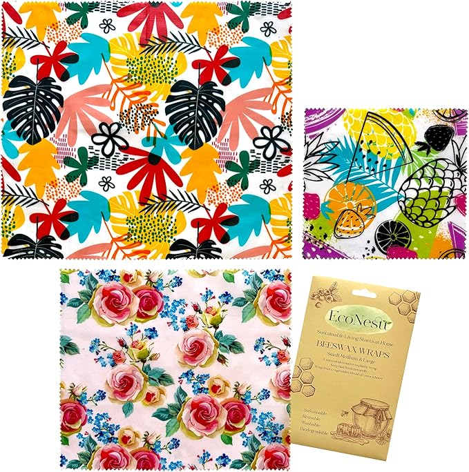 Beeswax Food Wraps (3-Pack S/M/L) – Reusable & Washable Food Storage Wraps, Plastic-Free Alternative for Sandwiches, Produce & Bowls