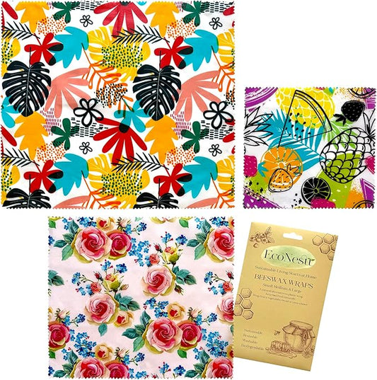 Beeswax Food Wraps (3-Pack S/M/L) – Reusable & Washable Food Storage Wraps, Plastic-Free Alternative for Sandwiches, Produce & Bowls
