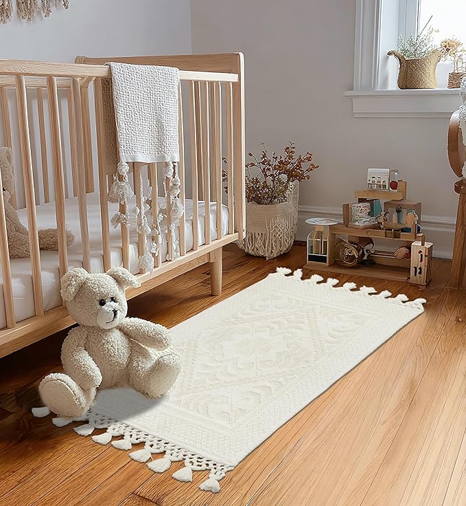 COTTON CRAFT Woven Area Rug - 2 Pack Cotton Jacquard Textured Rug - Boho Farmhouse Rustic Throw Rug with Fringe - Machine Washable Accent Mat for Bedroom Living Room Entryway Nursery - 20x32 - Ivory