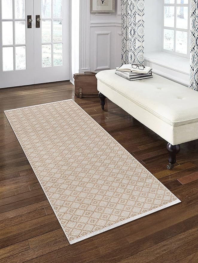Cotton Diamond Woven Runner Rug 2x6 Feet - Beige, Non Slip Super Soft Farmhouse Space Patio Throw Carpet Ideal for Hallways, Kitchen, Living Room | Neutral Large Bedroom Area Décor Floor Décor Mats