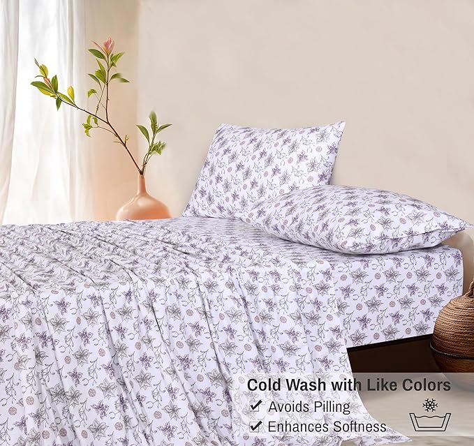RUVANTI Flannel Sheets Queen Size - GOTS Certified 100% Organic Cotton, 4 Piece Warm, Soft & Breathable Set, Deep Pocket Snug Fit, Double Brushed Cozy All Season Bedding, Fir Affection