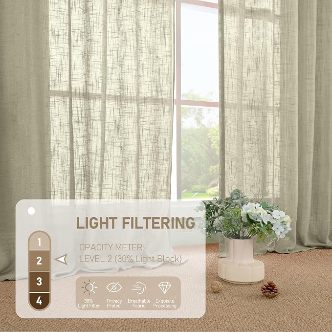 LAMIT Semi Sheer Linen Curtains 45 Inches Long, Light Filtering Panels Back Tab and Rod Pocket Country Decor Drapes for Farmhouse/Window/Bedroom, Oatmeal, 2 Panels, 52 x 45 Inch