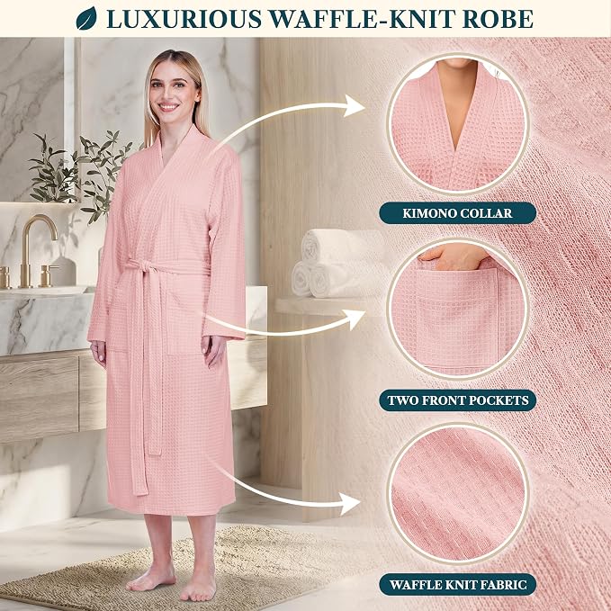 PAVILIA Womens Waffle Knit Robe Lightweight Cotton Blend Full Length House Bathrobe with Pockets