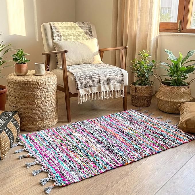 Cotton Diamond Chindi Rug 2x3 Feet - Multi, Bohemian Hand Woven Soft Recycled Decorative Floor Rag Rugs Ideal for Entryway, Kitchen, Nursay Room | Small Durable Colorful Door Mat for Home Décor