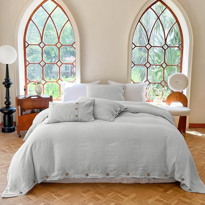 Simple&Opulence 100% Linen Duvet Cover Set 2pcs with Coconut Button Closure Natural French Washed Flax Solid Color Soft Breathable Farmhouse Bedding - Light Grey, Twin Size