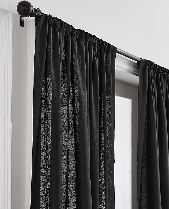 Solino Home Black Linen Curtain 52 x 120 Inch, Light Filtering Rod Pocket Curtain 120 Inches Long, 100% Pure Linen European Flax Window Treatment Panel for Living Room, Bedroom - 1 Panel
