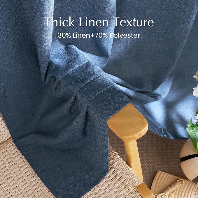 NICETOWN Thick Linen Navy Blue Curtains for Bedroom, Rod Pocket & Back Tab Flax Semi-Sheer with Light Filtering Window Treatments Privacy Assured for Living Room, W55 x L84, 2 Panels