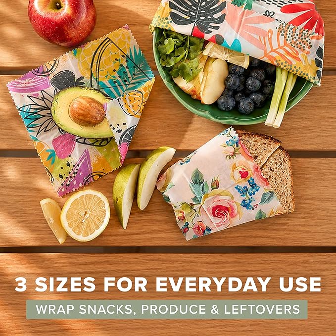Beeswax Food Wraps (3-Pack S/M/L) – Reusable & Washable Food Storage Wraps, Plastic-Free Alternative for Sandwiches, Produce & Bowls