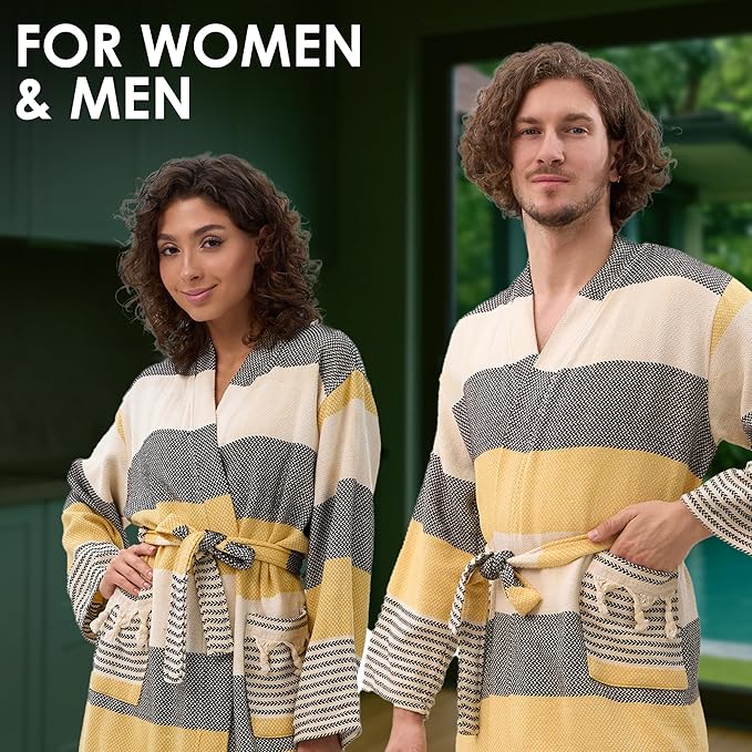 ATANI 100% Turkish Cotton Bathrobe S-XXL for Women & Men – Peshtemal Style Soft Cozy Lounge Robe, Absorbent & Lightweight