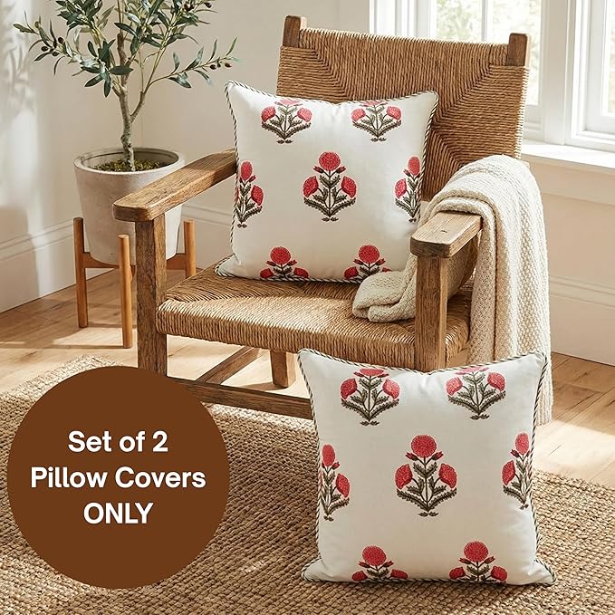 ATOSII Block Print Boho Throw Pillow Covers, 24 X 24, Set of 2, Decorative Couch Pillows for Living Room, 100% Cotton Canvas Acccent Pillows, Christmas Thanksgiving Fall Preppy Throws - Poppy