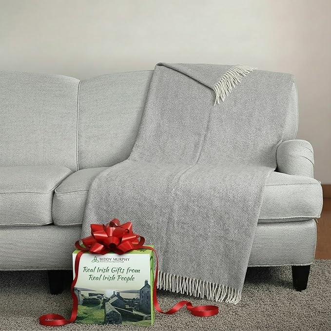 Biddy Murphy Irish Merino and Cashmere Wool Throw Blanket, Made in Ireland, Heirloom Quality, 54" x 71", Pale Grey Herringbone Pattern