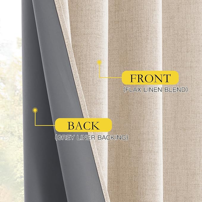NICETOWN Rod Pocket Full Blackout Linen Curtains 102" Length with Thermal Insulated Liners for Living Room, Farmhouse Style Keep Cool & Warm Large Window Drapes for Hall (Beige, 2 Panels, 52" Wide)