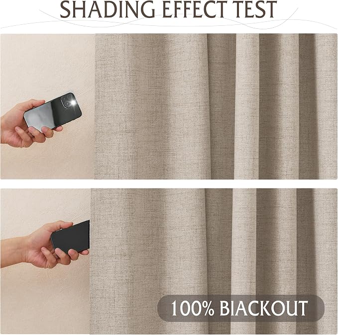 RYB HOME Pinch Pleated Full Blackout Curtains Linen Blended Window Curtains 90 inches for Living Room Bedroom Home Office Privacy Thermal Insulated Drapes, W 42 x L 90 inch, Beige, 2 Panels