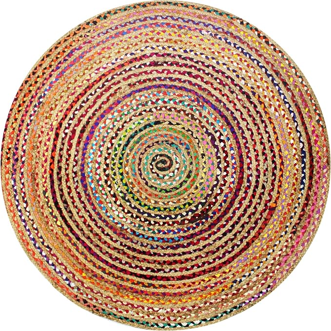 COTTON CRAFT Jute Cotton Chindi Braid Rag Rug - Boho Farmhouse Rustic - Handwoven Reversible Natural Jute and Recycled Cotton Throw Area Rug Carpet - Home Décor - 3 Feet Round Multi Color