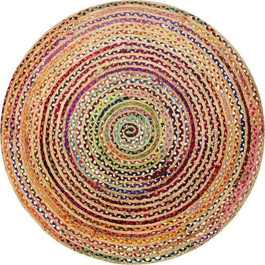 COTTON CRAFT Jute Cotton Chindi Braid Rag Rug - Boho Farmhouse Rustic - Handwoven Reversible Natural Jute and Recycled Cotton Throw Area Rug Carpet - Home Décor - 3 Feet Round Multi Color