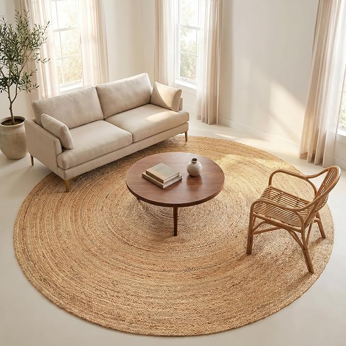 THE BEER VALLEY Jute Braided Area Rug 8 Feet Round - Natural | Reversible Handwoven Circle Rug for Living Room, Bedroom, Nursery - Large Farmhouse Indoor Décor Floor Mat