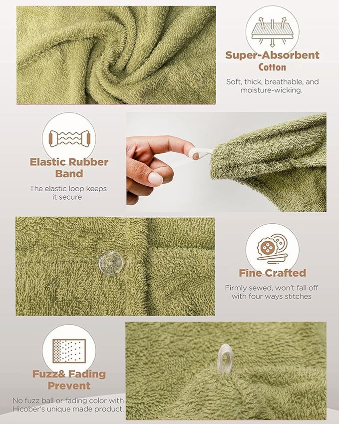 Textila 100% Cotton Hair Wrap Towels for Women (Pack of 2, Grey & Green) – Soft & Absorbent Turban Towels for Long, Curly, Frizz-Prone Hair