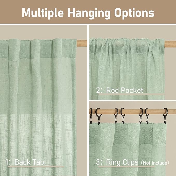 LAMIT Fresh Green Linen Curtains for Living Room, 84 inch Length Light Filtering Semi Sheer Drapes Back Tab and Rod Pocket Farmhouse Panels for Bedroom, 2 Panels, 34 x 84 Inch