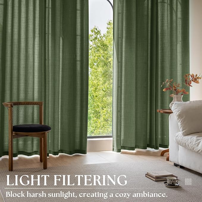 102 Inch Long Green Curtains for Bedroom Living Room, Bronze Grommet Dark Olive Green Semi Sheer Light Filtering Privacy Faux Linen Curtains 102 Inches Long Elegant Boho Farmhouse Large Window Drapes