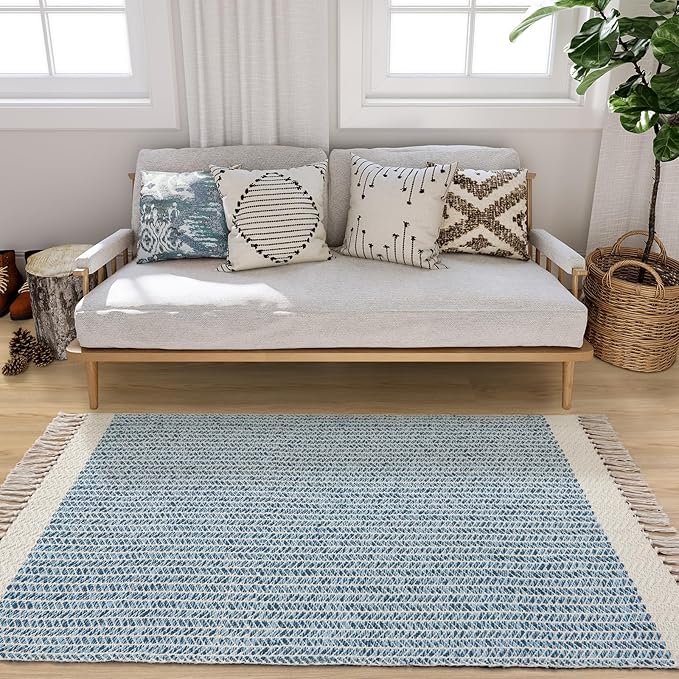 Lahome Belle Boho Bedroom Rug, 3x5 Blue Office Rug Lightweight Bath Door Mats Indoor Woven Entry Rugs with Tassels, Non Shedding Washable Throw Farmhouse Carpet for Living Room Camper RV