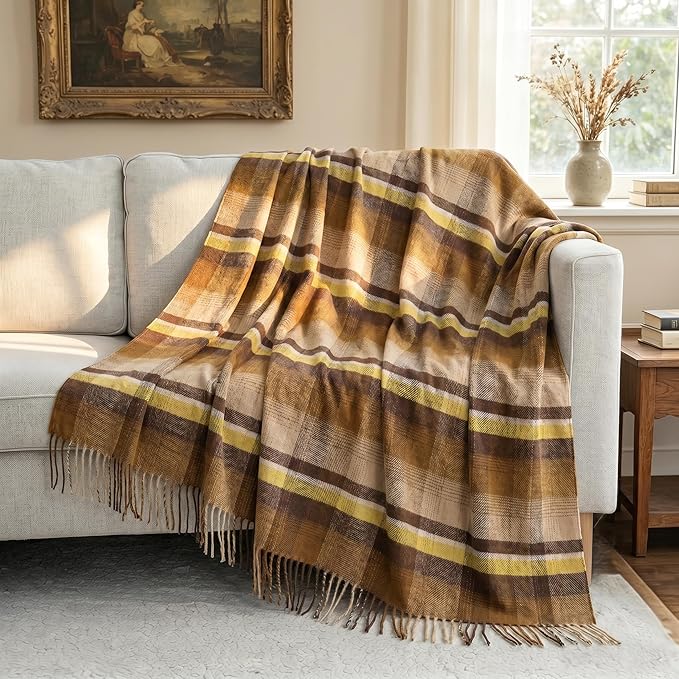 100% Wool Blanket Throw,Brown Plaid Wool Blanket with Compact Bag,Rustic Soft Lightweight Blanket for Couch,Sofa,Bed & Lounging Decoration, Warm Travel Blanket for Home, Airplane,Ideal Gifts 55"x83"