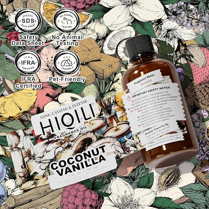 HIQILI Coconut Vanilla Fragrance Oil for Diffuser & Aromatherapy - 1 Fl Oz | for Candle & Soap Making Supplies, Essential Oils for Home and Car Humidifier - 30 ML
